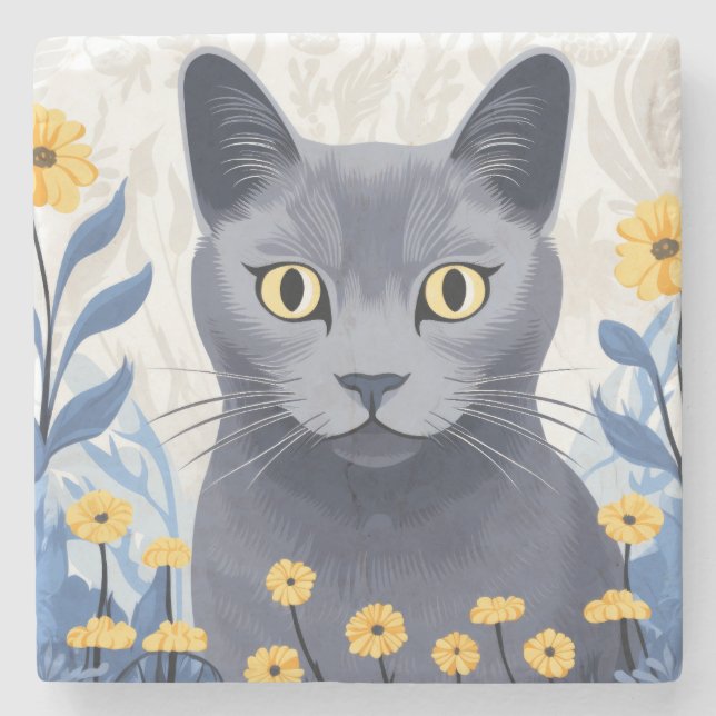 Russian Blue Cat Yellow Flowers Marble Stone Coaster (Front)