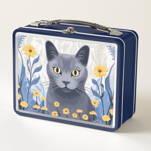 Russian Blue Cat Yellow Flowers Metal Lunch Box (Front)