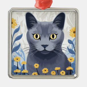 Russian Blue Cat Yellow Flowers Metal Ornament