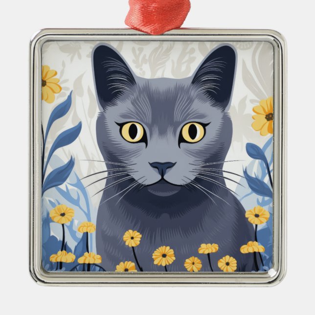 Russian Blue Cat Yellow Flowers Metal Ornament (Front)