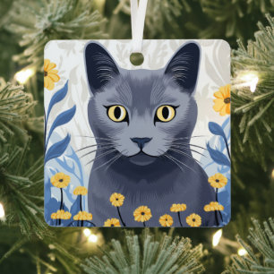 Russian Blue Cat Yellow Flowers Metal Ornament