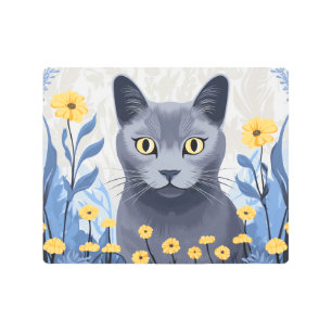 Russian Blue Cat Yellow Flowers Metal Print