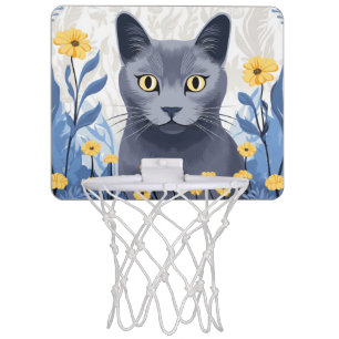Russian Blue Cat Yellow Flowers Mini Basketball Hoop
