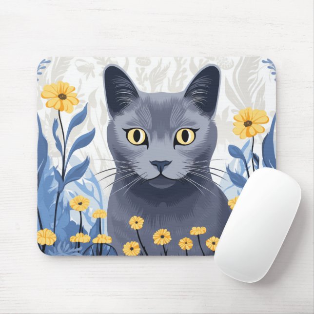 Russian Blue Cat Yellow Flowers Mouse Pad (With Mouse)