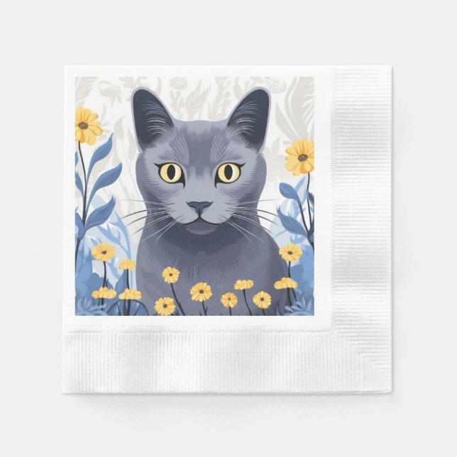 Russian Blue Cat Yellow Flowers Napkins (Front)