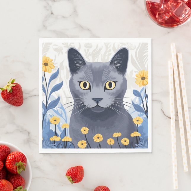Russian Blue Cat Yellow Flowers Napkins (Insitu)