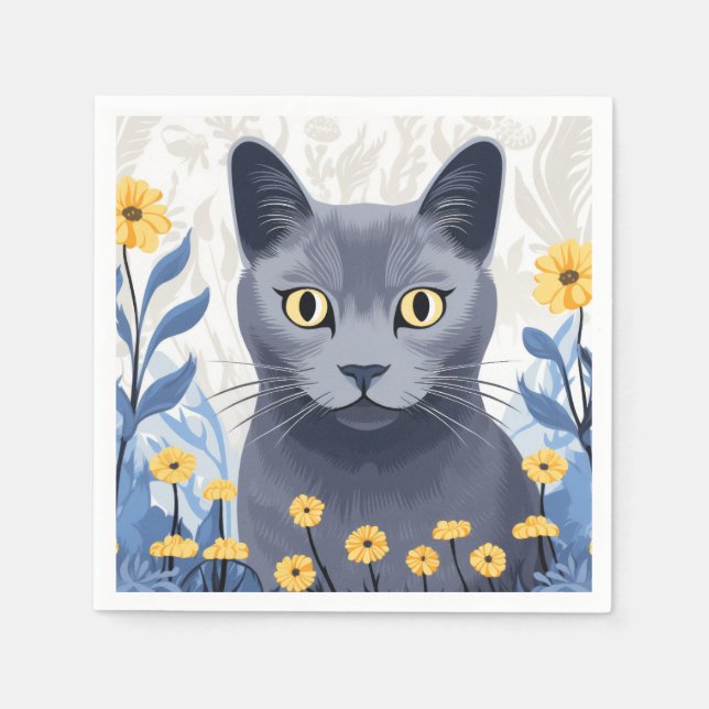 Russian Blue Cat Yellow Flowers Napkins (Front)