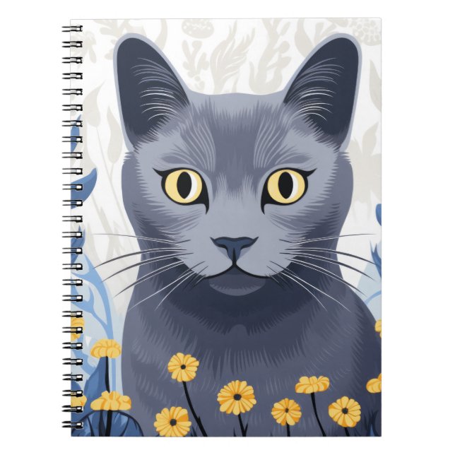 Russian Blue Cat Yellow Flowers Notebook (Front)