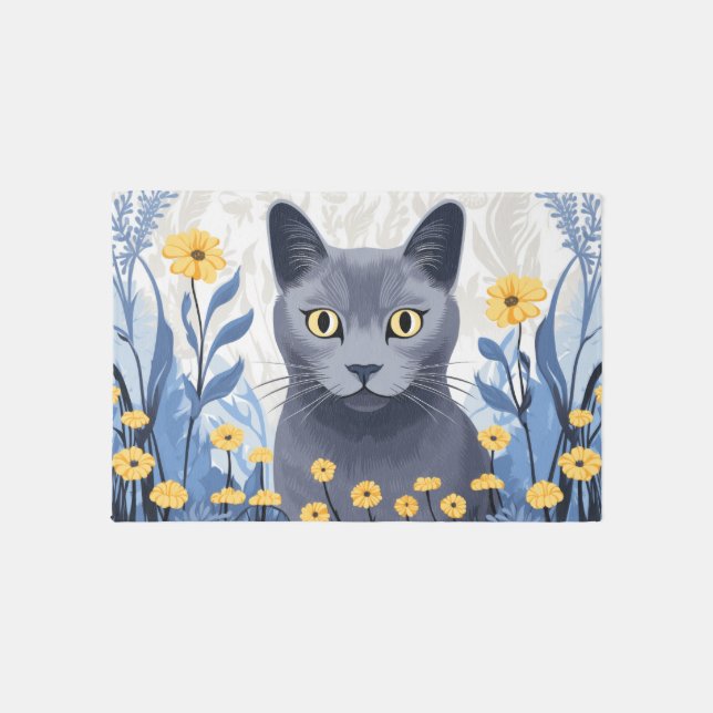 Russian Blue Cat Yellow Flowers Outdoor Rug (Front)