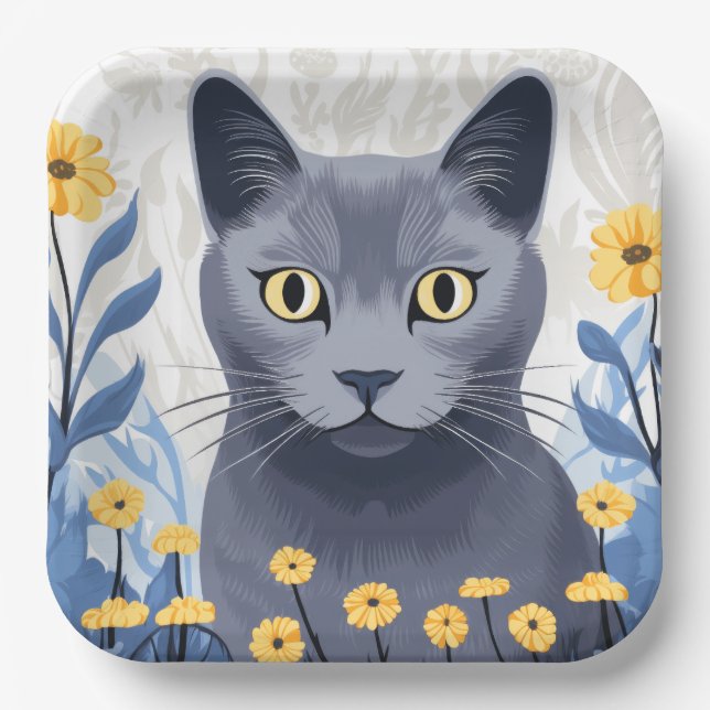 Russian Blue Cat Yellow Flowers Paper Plates (Front)