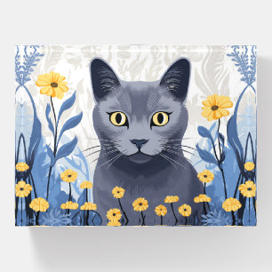 Russian Blue Cat Yellow Flowers Paperweight