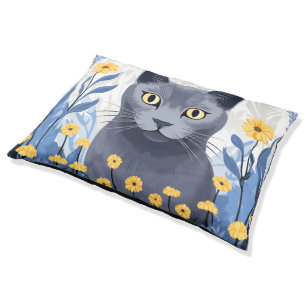 Russian Blue Cat Yellow Flowers Pet Bed