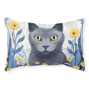 Russian Blue Cat Yellow Flowers Pet Bed