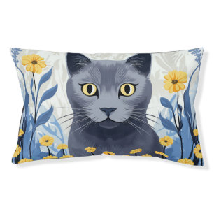 Russian Blue Cat Yellow Flowers Pet Bed