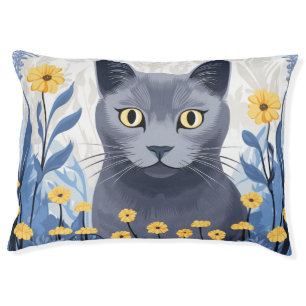 Russian Blue Cat Yellow Flowers Pet Bed