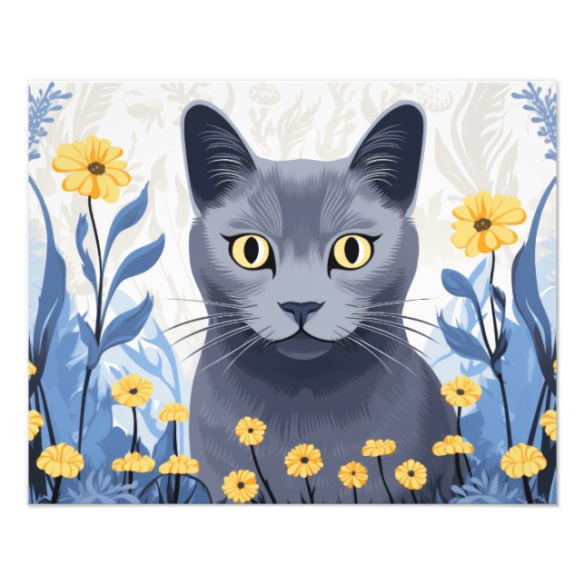 Russian Blue Cat Yellow Flowers Photo Print (Front)