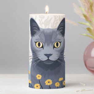 Russian Blue Cat Yellow Flowers Pillar Candle