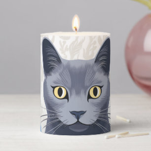 Russian Blue Cat Yellow Flowers Pillar Candle