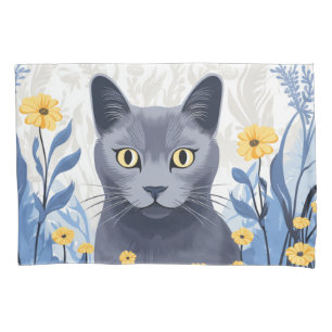 Russian Blue Cat Yellow Flowers Pillow Case