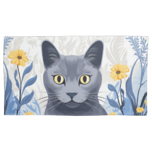 Russian Blue Cat Yellow Flowers Pillow Case