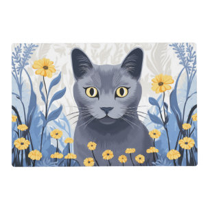 Russian Blue Cat Yellow Flowers Placemat