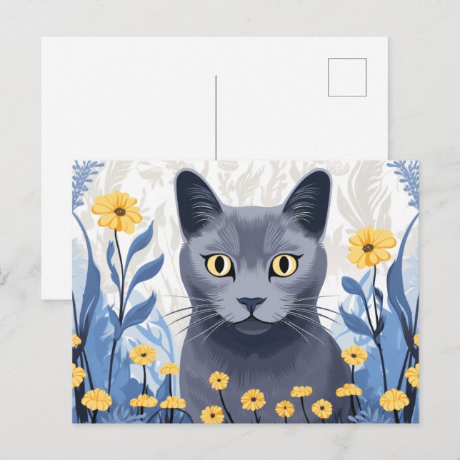 Russian Blue Cat Yellow Flowers Postcard (Front/Back)