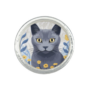 Russian Blue Cat Yellow Flowers Ring