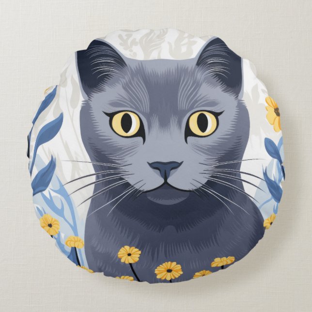 Russian Blue Cat Yellow Flowers Round Pillow (Front)