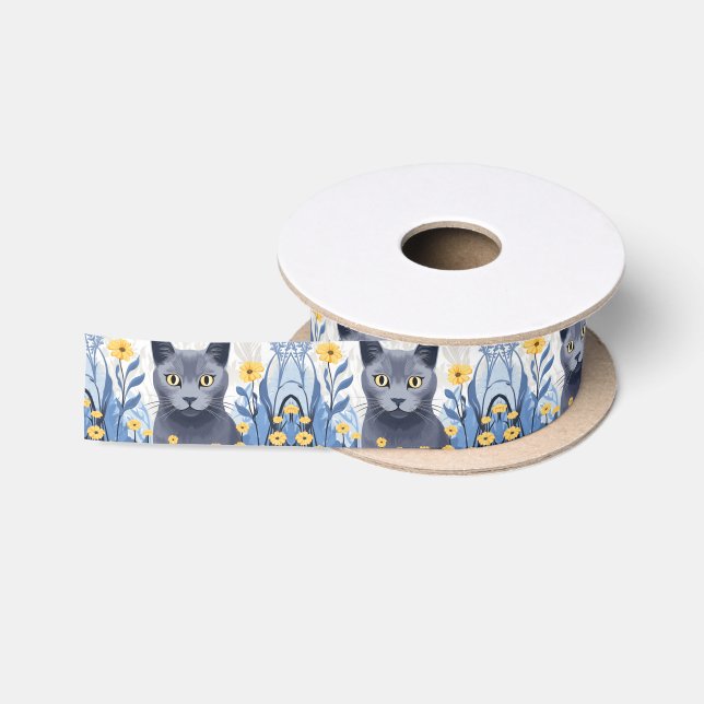 Russian Blue Cat Yellow Flowers Satin Ribbon (Spool)