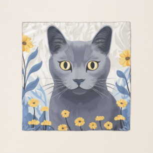Russian Blue Cat Yellow Flowers Scarf