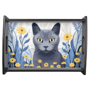 Russian Blue Cat Yellow Flowers Serving Tray