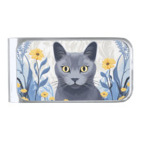 Russian Blue Cat Yellow Flowers