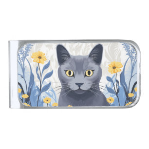 Russian Blue Cat Yellow Flowers Silver Finish Money Clip