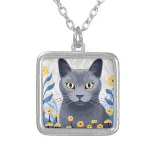 Russian Blue Cat Yellow Flowers Silver Plated Necklace