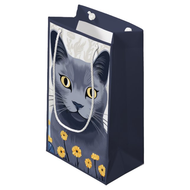 Russian Blue Cat Yellow Flowers Small Gift Bag (Front Angled)
