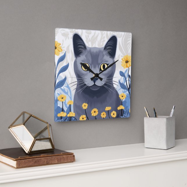 Russian Blue Cat Yellow Flowers Square Wall Clock (Office)