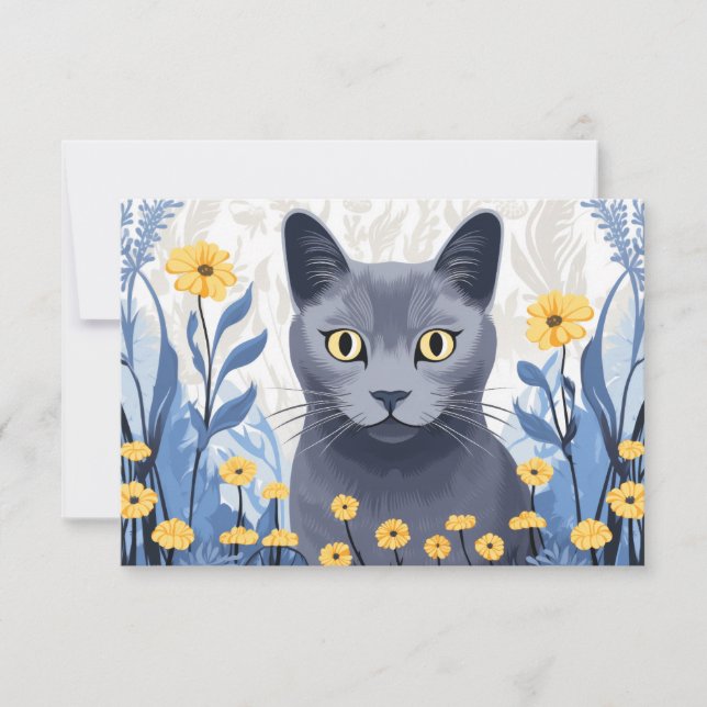 Russian Blue Cat Yellow Flowers Thank You Card (Front)