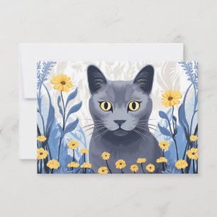 Russian Blue Cat Yellow Flowers Thank You Card