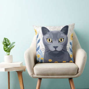Russian Blue Cat Yellow Flowers Throw Pillow