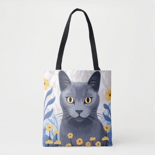Russian Blue Cat Yellow Flowers Tote Bag (Front)