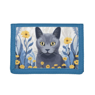 Russian Blue Cat Yellow Flowers Tri-fold Wallet
