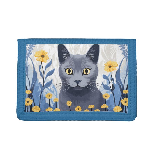Russian Blue Cat Yellow Flowers Trifold Wallet (Front)