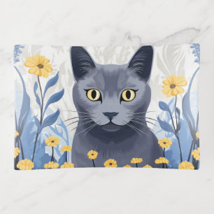 Russian Blue Cat Yellow Flowers Trinket Tray