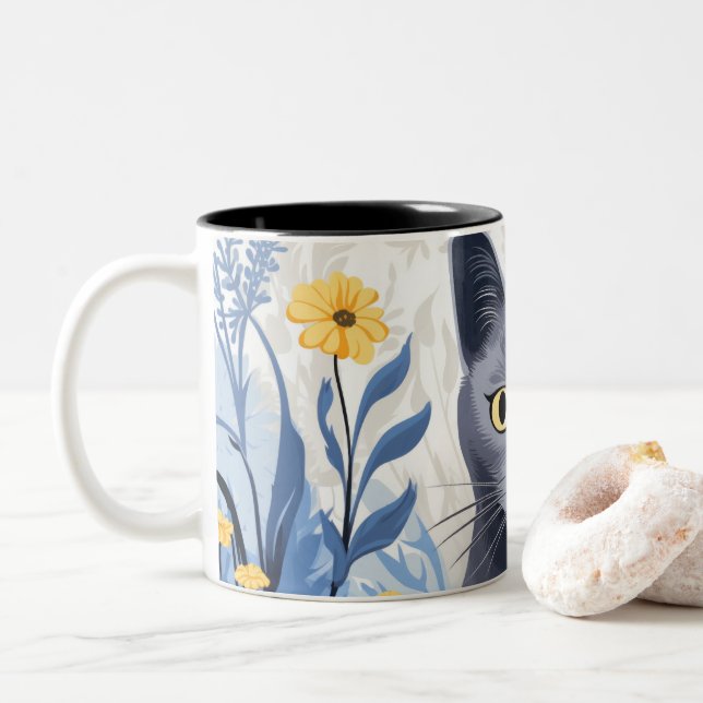 Russian Blue Cat Yellow Flowers Two-Tone Coffee Mug (With Donut)