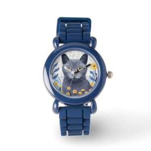 Russian Blue Cat Yellow Flowers Watch