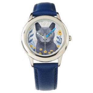 Russian Blue Cat Yellow Flowers Watch