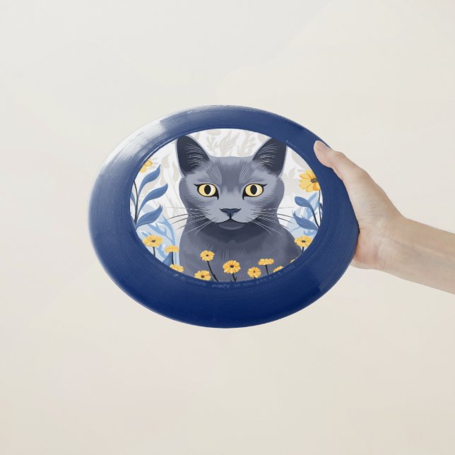 Russian Blue Cat Yellow Flowers Wham-O Frisbee (In Hand)