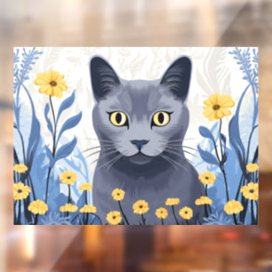 Russian Blue Cat Yellow Flowers Window Cling