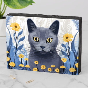 Russian Blue Cat Yellow Flowers Wooden Box Sign