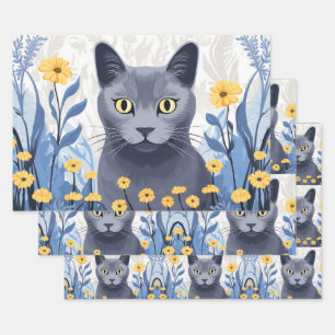 Russian Blue Cat Yellow Flowers Wrapping Paper Sheets